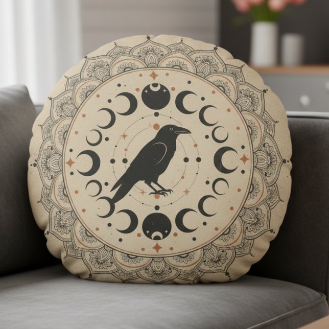 Mystical Raven Moon Phase Mandala Celestial Art Rund Kudde (Celestial Raven Pillow)