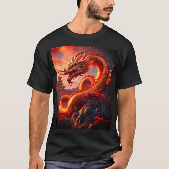 Mystical Red Fire Dragon Art T Shirt (Framsida)