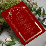 Mystical Red Guld Sol Måne Stars Bröllop Meny<br><div class="desc">Mystical Mörk Red Guld Sol Måne Stars Astronomy Galaxy Celestial Cosmic Space Bröllop Menu Cards har en guld sol, måne och stjärnor ram på en röd mörk med information om menyerna i guld i kalligrafiskript för. Anpassa genom att redigera texten i textrutorna. Designad för dig av Evco Studio på www.zazzle.com/store/evcostudio...</div>