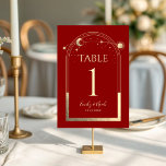 Mystical Red Guld Sol Måne Stars Celestial Bröllop Bordsnummer<br><div class="desc">Mörken Red Guld vid Måne Stars Astronomy i Bröllop har en guld sol, Sol och stjärnor Bordsnummer vid markerad röd bakgrund. Inuti finns din inbjudan till personligt bröllp. Anpassa genom att redigera texten i textrutorna. Obs! Anpassa med bordsnummer en i taget och lägg till i kundvagn individuellt. Designad för dig...</div>