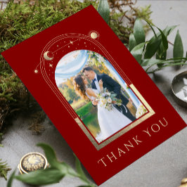 Mystical Red Guld Sol Måne Stars Photo Bröllop Tack Kort