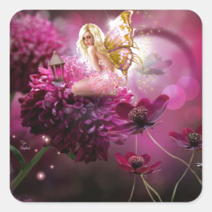 Mystical Rosa Fantasy Fairy Blomsterträdgård Art Fyrkantigt Klistermärke