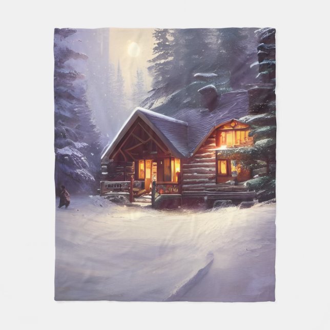 Mystical Rustic Log Cabin between the Evergreens Fleecefilt (Framsidan)