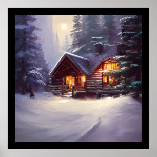 Mystical Rustic Log Cabin between the Evergreens Poster