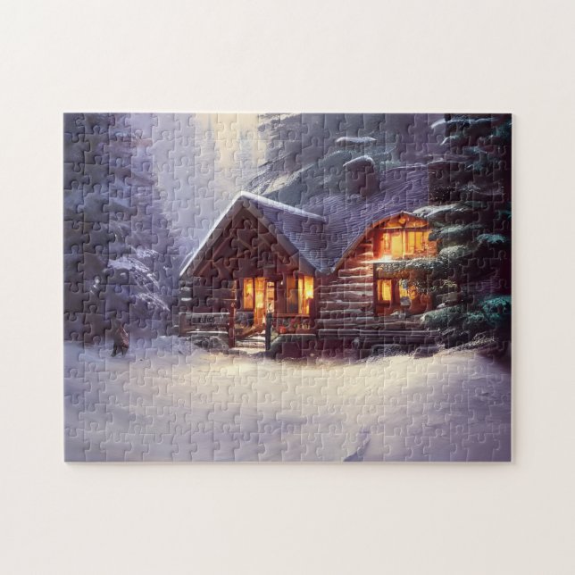 Mystical Rustic Log Cabin between the Evergreens Pussel (Horisontell)