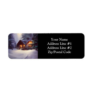 Mystical Rustic Log Cabin between the Evergreens Returadress Etikett