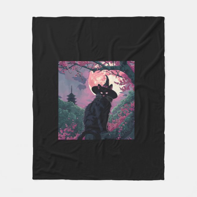 Mystical Sakura Black Cat Witch Hat för Halloween Fleecefilt (Framsidan)