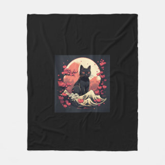 Mystical Sakura Night_ Black Cat full Moon Fleecefilt