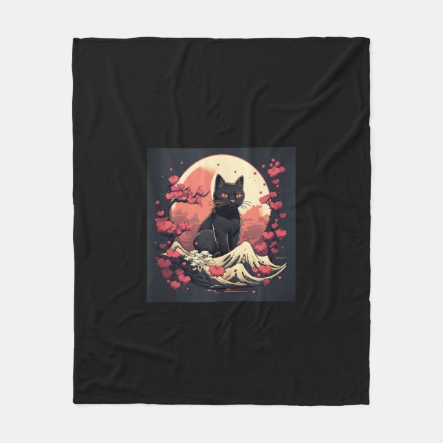 Mystical Sakura Night_ Black Cat full Moon Fleecefilt (Framsidan)