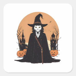 Mystical Salem Black Cat med Pumpkins Fyrkantigt Klistermärke