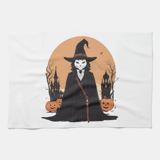 Mystical Salem Black Cat med Pumpkins Kökshandduk (Horisontell)