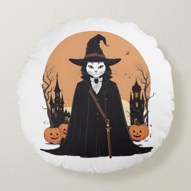 Mystical Salem Black Cat med Pumpkins Rund Kudde (Framsidan)