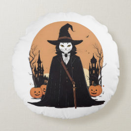 Mystical Salem Black Cat med Pumpkins Rund Kudde