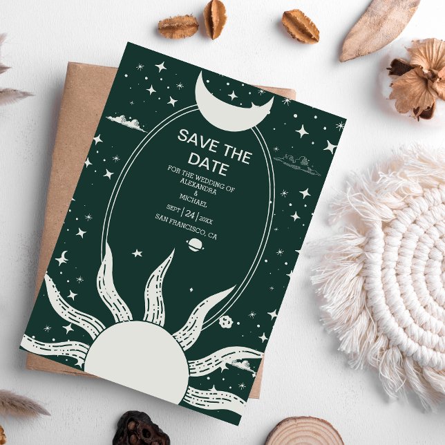 Mystical Silver och Grönt Sol Måne Bröllop Spara Datumet (Skapare uppladdad)