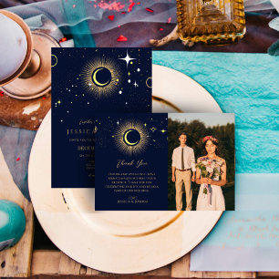 Mystical Starry Night Sol Måne Navy Foto Tack Kort