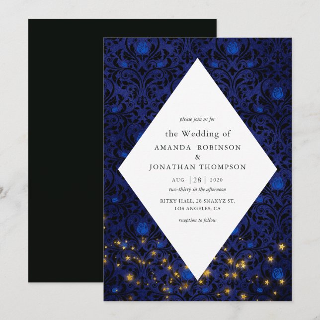 Mystical Stars Floral Damask Bröllop Inbjudningar (Fram/baksida)