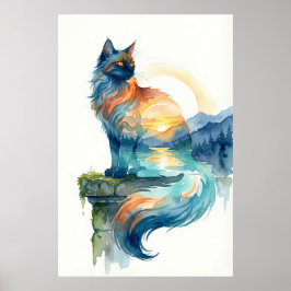 Mystical Sunset Cat Double Exposure Watercolor Poster