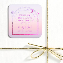 Mystical Sunset Rosa Sol Måne Stars Bröllop Fyrkantigt Klistermärke