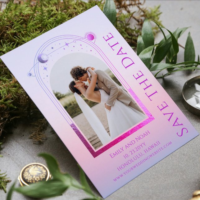 Mystical Sunset Rosa Sol Måne Stars Bröllop Spara Datumet (Skapare uppladdad)