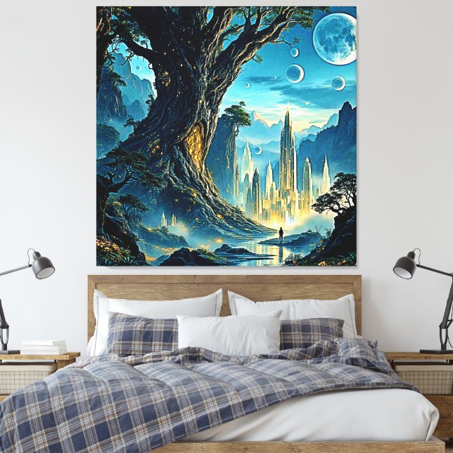 Mystical Träd City Dreamscape Canvastryck (Insitu (sovrum))