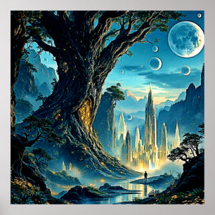 Mystical Träd City Dreamscape Poster