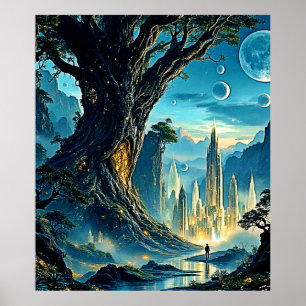 Mystical Träd City Dreamscape Poster