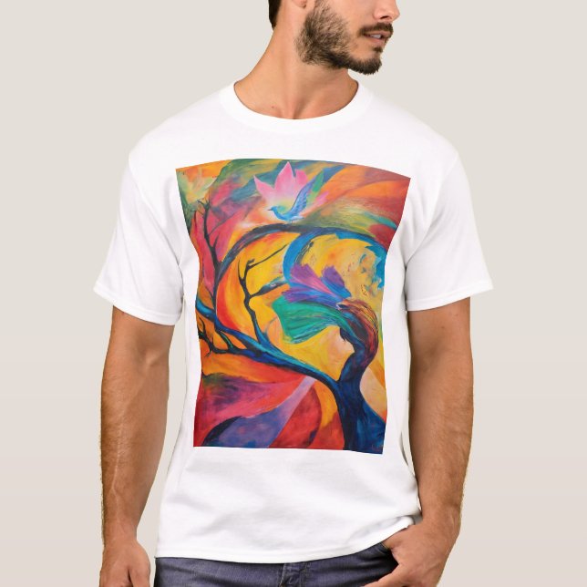 Mystical Träd och Colorful Bird T Shirt (Framsida)