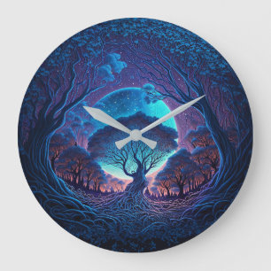 Mystical Träd of Roots Lit by Large Måne Stor Klocka