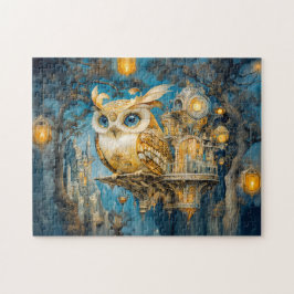 Mystical Uggla i en Träd-slott på natten Pussel