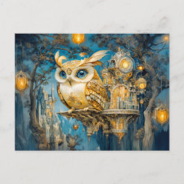 Mystical Uggla i en Träd-slott på natten Vykort