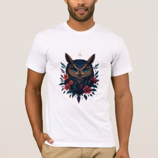 Mystical Uggla Illustration with Flowers - Elegant T Shirt