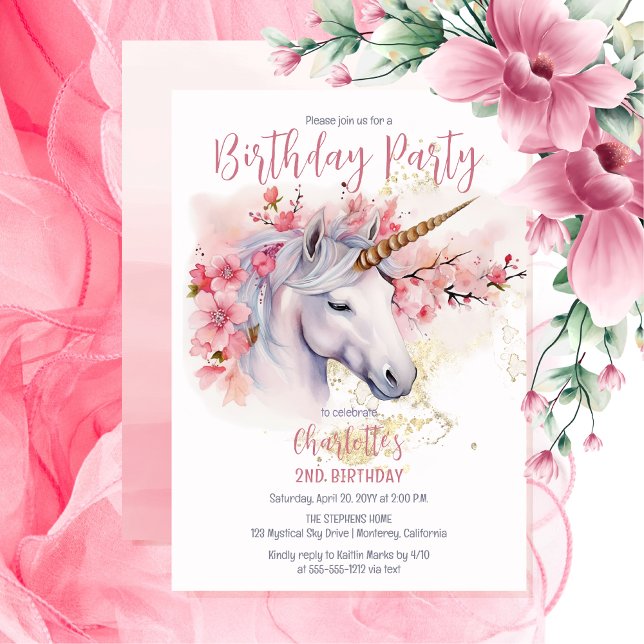 Mystical Unicorn Blommigt Girl 2:a födelsedagen Pa Inbjudningar (Unicorn Mythical Creature and Pink Cherry Blossom Floral 2nd Birthday Party Invitation)