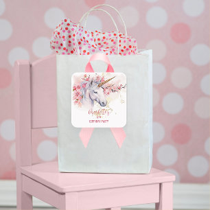 Mystical Unicorn Blommigt Girl 4e födelsedagen Par Fyrkantigt Klistermärke