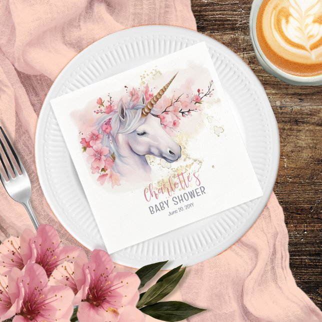 Mystical Unicorn | Rosa Blommigt Girl Baby Shower Pappersservett (Skapare uppladdad)