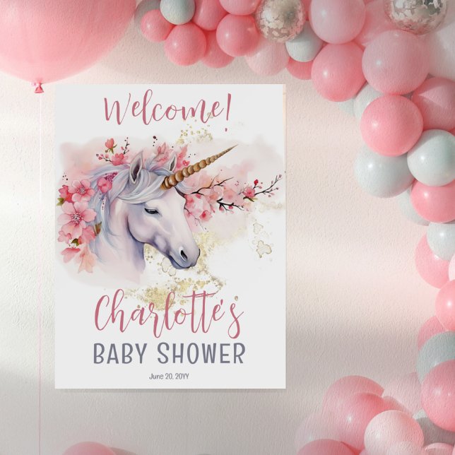 Mystical Unicorn | Rosa Blommigt Girl Baby Shower Poster (Skapare uppladdad)