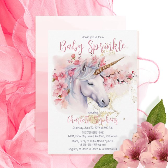 Mystical Unicorn | Rosa Blommigt Girl Baby Sprinkl Inbjudningar (Skapare uppladdad)