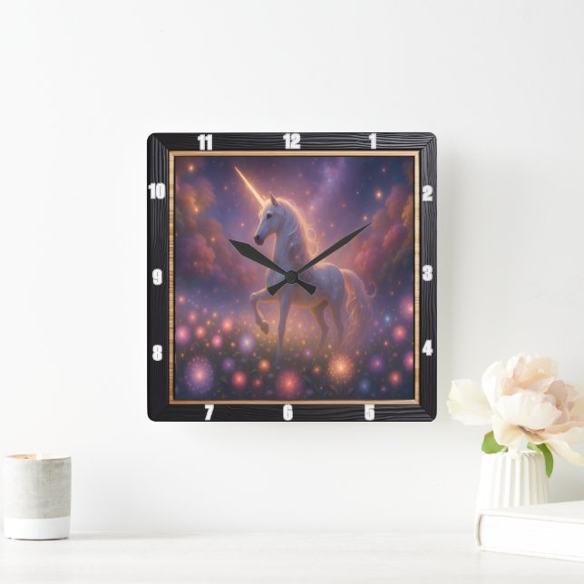 Mystical Unicorn Starry Flower Fyrkantig Klocka (Hem)
