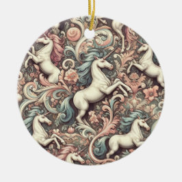 Mystical Victorian Unicorns: Enchanted Blommigt Julgransprydnad Keramik