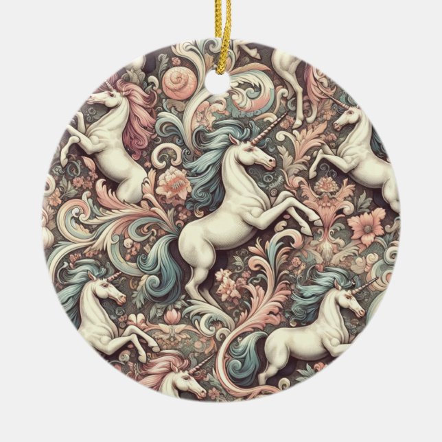 Mystical Victorian Unicorns: Enchanted Blommigt Julgransprydnad Keramik (Framsidan)