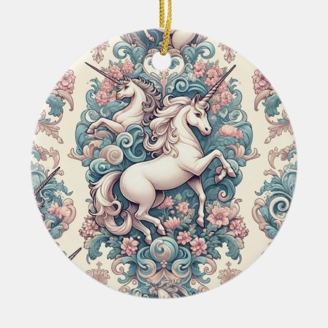 Mystical Victorian Unicorns: Enchanted Blommigt Julgransprydnad Keramik (Framsidan)