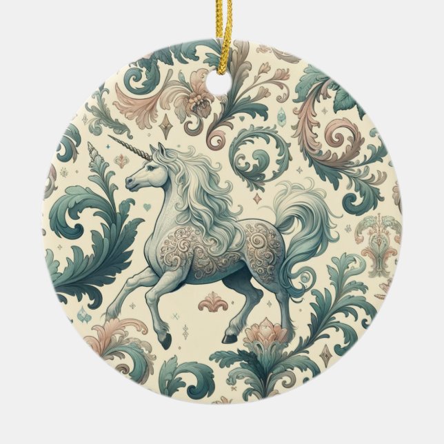 Mystical Victorian Unicorns: Enchanted Blommigt Julgransprydnad Keramik (Framsidan)