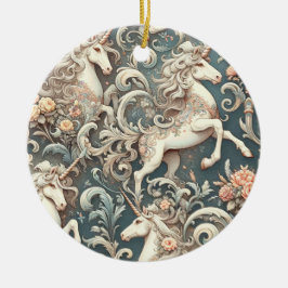 Mystical Victorian Unicorns: Enchanted Blommigt Julgransprydnad Keramik