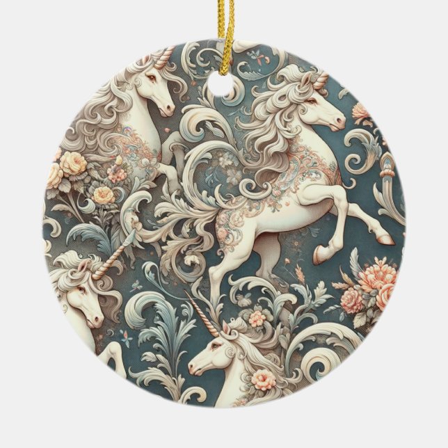Mystical Victorian Unicorns: Enchanted Blommigt Julgransprydnad Keramik (Framsidan)