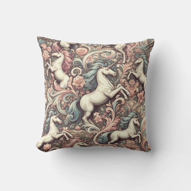 Mystical Victorian Unicorns: Enchanted Blommigt Kudde (Framsida)