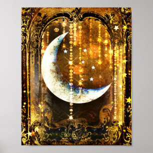 Mystical Vintage Guld Måne Crystals Poster