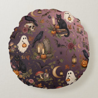 Mystical Vintage Halloween with Cat and Raven Rund Kudde