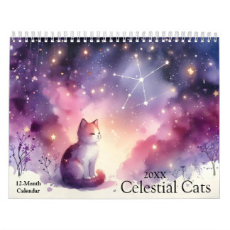 Mystical Watercolor Celestial Cats 2026 Wall Kalender