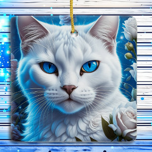 Mystical White Cat med blå Ögon jul Julgransprydnad Keramik