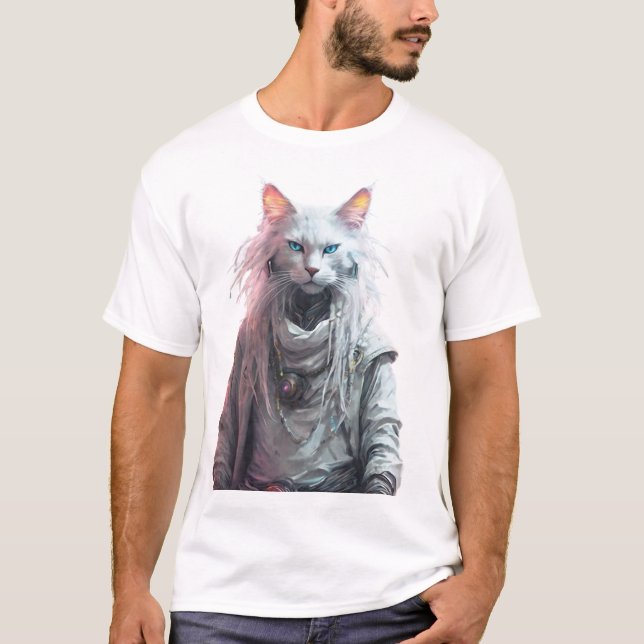 Mystical White Cyber Cat T Shirt (Framsida)