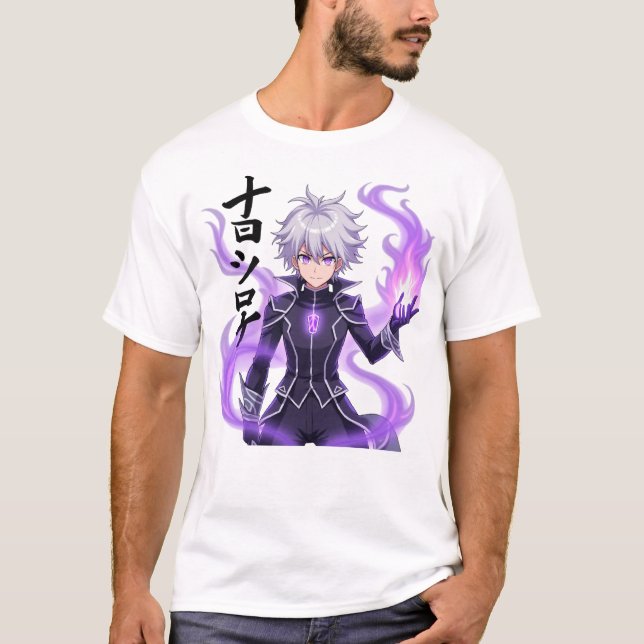 Mystical White-Hear Anime Sorcerer med Lila T Shirt (Framsida)